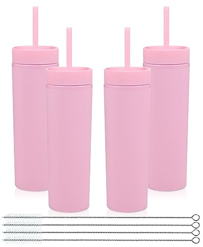 Volhoply 16oz Plastic Skinny Tumblers Bulk 4 Pack,Double Wall Tumbler with Lid and Straw,480ML Reusable Iced Coffee Mug,BPA Free Matte Acrylic Water Cups with Straw for Parties,DIY Gifts(Pink,4 Set