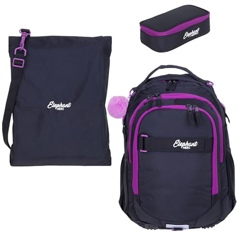 Elephant Schulrucksack 3 Teile Set Hero Signature Jungen Mädchen Rucksack Mäppchen Box Sportbeutel Attach Bag rtmb (Tiff Lila 13015 Violett Black)