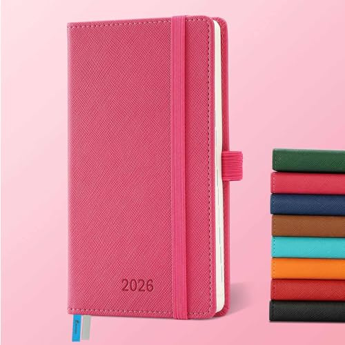 IN-LUXPRO Agenda 2026: Agenda de Poche Semainier et Carnet de Notes A6 Petit 16,4x9,6cm Planificateur Hebdomadaire D'Jan 2026 à Déc 2026(12Mois) Scolaire, Papier 100GSM,Couverture PU cuir Rose rouge