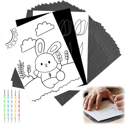Staranry 200 Fogli di Carta Carbone per Disegno con 5 Pezzi Stilo per Goffratura, 21x29.7cm Carta Transfer per Tessuti, Carta Copiativa per Tessuti, Carta, Legno, Tela, Ceramica e Lavori Fai da Te