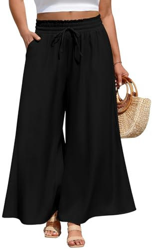 PASUDA Pantaloni Donna Estivi Taglie Forti Leggeri Eleganti Elastico Vita Alta Comodi Larghi Casual Gamba Larga Palazzo Pantalone Tinta Unita Spiaggia con Tasche(Nero,3XL)