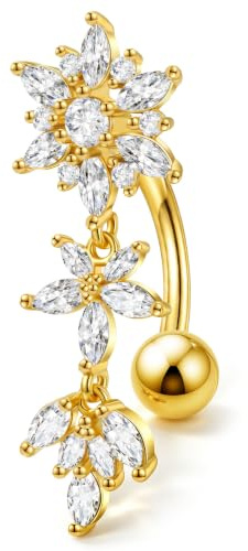 OUFER 18K Or Plaqué Piercing Nombril Cascade Fleurs 14G 10mm Percing au Nombril Inversé 316L Acier Chirurgical 5A CZ Transparent Piercing de Ventre pour Femmes
