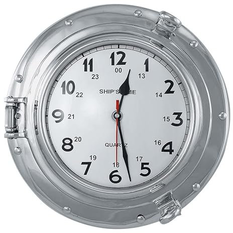 Sea-Club Uhr im Bullauge Nautik Messing vernickelt Ø=29cm