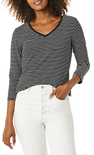 Amazon Essentials Camiseta de manga 3/4 con cuello en V para mujer (disponible en tallas grandes), rayas blancas y negras, talla M