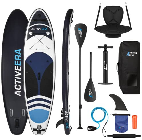 Active Era Stand Up Paddle Board mit Sitz, Aufblasbares SUP Board Set, Verstellbare Paddel, Reperaturset, Kamera Halterung inkl. Pumpe und Rucksack, 6 Zoll Dick, 320x78x15cm - bis130 kg, Blau