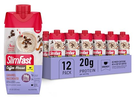 SlimFast Protein Shake with Caffeine, Caramel Macchiato- 20g Protein, Meal Replacement Shakes, High Protein with Low Carb and Low Sugar, 24 Vitamins and Minerals, 12 Count (Pack of 1)