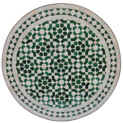Casa Moro Balkongbord, trädgårdsbord, runt – terrassbord, mosaikbord, kakelbord | bord, matbord från Marrakech Marocko, Ø 60 cm, grön-vit