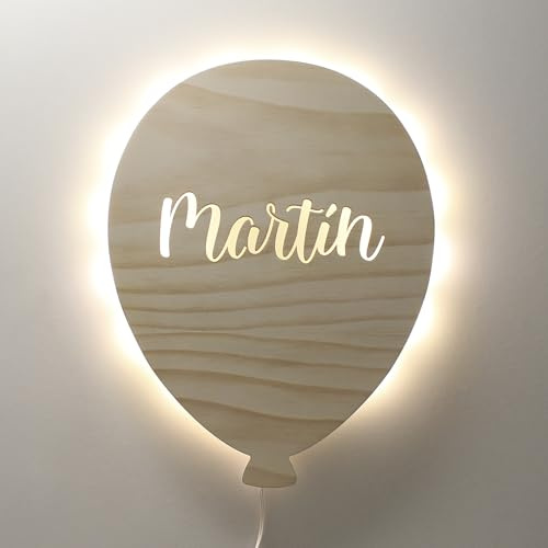 DEHOME - Lámpara de Pared Infantil Personalizada LED - Diseño de Globo Nube Estrella Sol - Luz Nocturna de Madera para Bebés y Niños - Regalo Original y Decoración para Habitación Infantil (Globo)