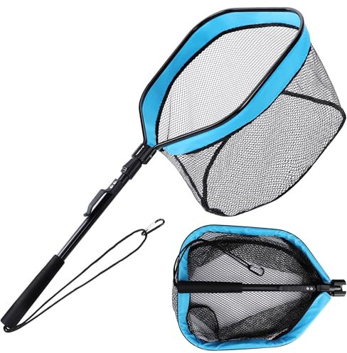 FLISSA Épuisette de Pêche Pliable, Epuisette Peche Caoutchouc, Epuisette Peche Carnassier pour Truite Carpe Poisson-Chat Basse Kayak