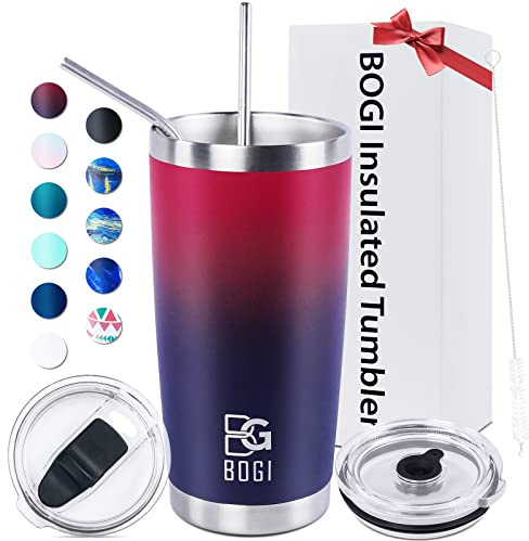 BOGI Tumbler, bicchiere termico da 590 ml, con cannuccia e coperchi, a prova di perdite, tazza da viaggio a doppia parete, in acciaio inox, resistente tazza termica per mantenere bevande fredde e