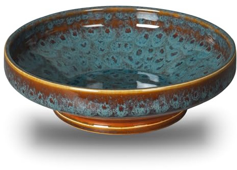 STE-CER Ceramic Fruit Bowl for Kitchen Counter,Decorative Pedestal Bowl for Table Countertop,Large Footed Serving Bowl,10.2 Inch (peacock Green)