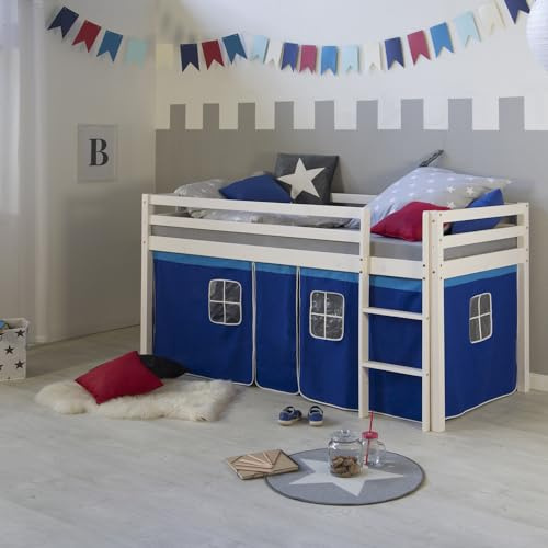 Homestyle4u Kinderbett 90x200 cm - Weißes Hochbett aus Kiefer mit Matratze | Kinderhochbett inklusive Lattenrost, Leiter und blauem Vorhang - Massivholz Jugendbett mit Absturzsicherung für Jungen