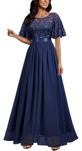 MIUSOL Women's Elegant Flutter Sleeves Lace Sequin Prom Bridesmaids Party Gown Formal Maxi Dress (XX-Large, Navy Blue)