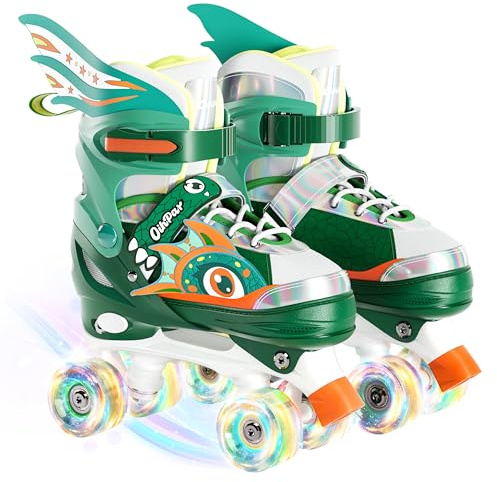 Rollers Quad Classiques,Patins à roulettes 4 Tailles réglables pour Enfants garçons et Filles,Lumineux LED Patins à roulettes,pour Enfants Cadeau(Vert, M)