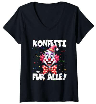 Damen Konfetti für Alle! Clown Kostüm Fasching Party Karneval T-Shirt mit V-Ausschnitt