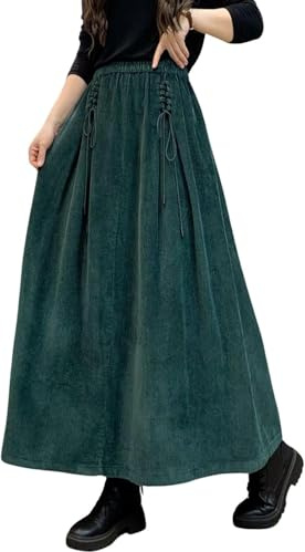 Intenst Falda Larga Plisada de Pana para otoño e Invierno para Mujer, Cintura Alta, cordón Frontal, Plisada, con Bolsillos, Verde, L