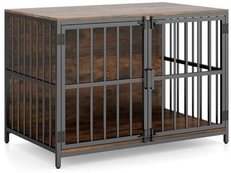 GYMAX Dog Crate Furniture, Heavy Duty Dog Kennel with Dual Lockable Double Doors, Indoor Pet Kennel Side Table for Small and Medium Sized Dog, 100 x 60 x 70 cm (Rustic Brown)