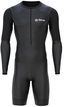 Sikma Tuta da uomo a maniche lunghe in rete traspirante per triathlon imbottita con riflettore ad alta visibilità e fascia elastica per le gambe Trisuit, Nero , Taglia unica