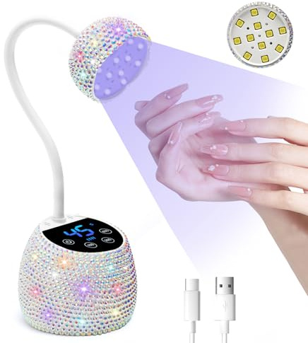 CGBE Mini UV Lampe für Nägel mit Smart Auto-Sensor und LCD Display, 12 LED-Perlen Mini-Nagellampe für Gelnägel mit 4 Modi, 36W Tragbare Nageltrockner Geeignet für Salon und Hause, Weiße Strass