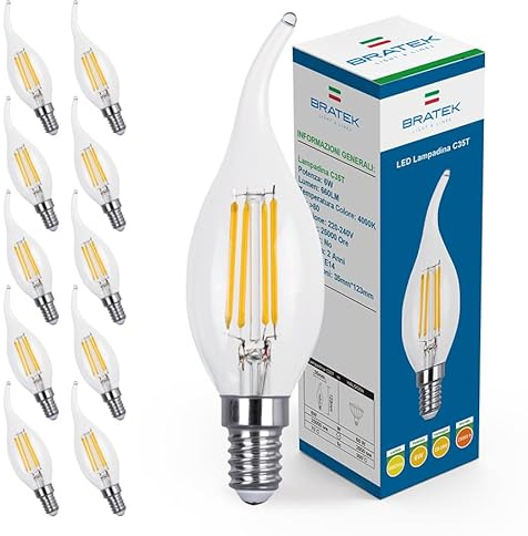 Bratek 10 Lampadine Led E14 Luce Naturale Vintage a Fiamma 4000k 6W 660 Lumen - Lampadina Vintage Attacco Piccolo e14 a Filamento Led Trasparente Equivalente 60w Alogena