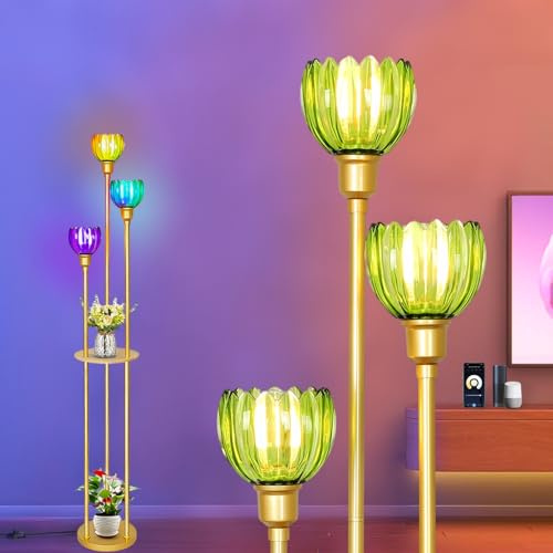 DTSDWA 165cm Lampadaire Intelligent RGB avec Étagères E27, Lampe Sur Pied de Salon avec Abat-jour Verre & Pédale, Compatible avec Alexa & Google Assistant, Design Verte Fleurs, pour Salon & Chambre