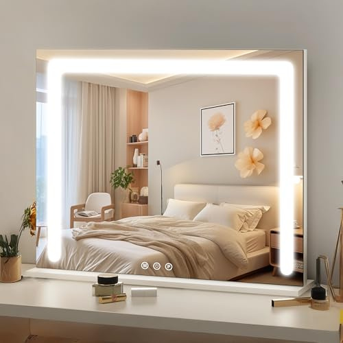 baklon Schminkspiegel mit Beleuchtung 35x25cm, 3 stufenlos dimmbare Lichtfarben, Dimmbare Helligkeit, berührungsempfindliche Steuerung, USB-Ladung, 10-fache Vergrößerung