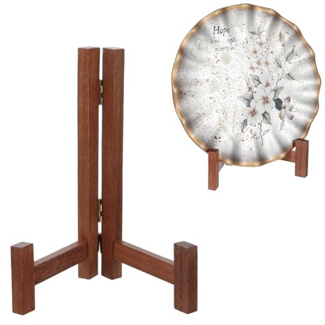 Wooden Plate Stands for Display, 7 Inch Plate Holders for Displaying, Rustic Folding Decorative Picture Frame Stand Easel Display Stand Wood Tabletop Saucer Rack for Platter, Dish, Photo, Plaque