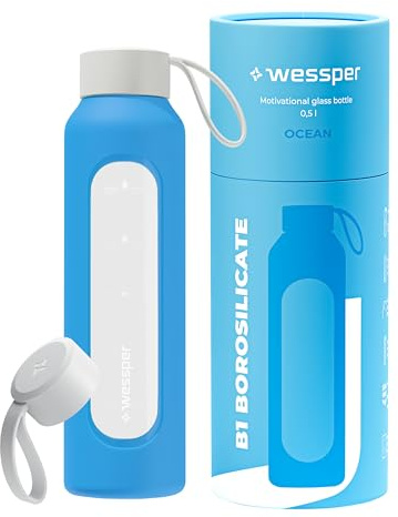 Wessper Botella Agua Cristal, 500ml, Botellas Motivadora - Océano | botella de cristal para agua, Escala de Hidratación, Botellas de Vidrio Borosilicato con Funda de Silicona, sin BPA