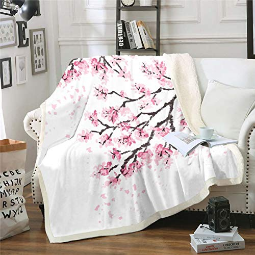 Cherry Blossoms Plush Blanket Girls Women Botanical Floral Sherpa Blanket Watercolor Flowers Printed Fleece Throw Blanket Cherry Tree Design Fuzzy Blanket for Sofa Bed Couch,Double 60x79 Inch
