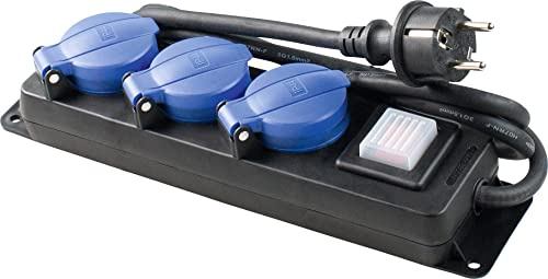 as - Schwabe 3-Fach Verteilersteckdosenleiste, Schwarz, Blau, 38630 | mit Schalter, Schutzkontaktsteckdosen mit Klappdeckeln, 1,5 m Leitung, Mehrfachsteckdose für den Außenbereich 230V, 16A, IP44