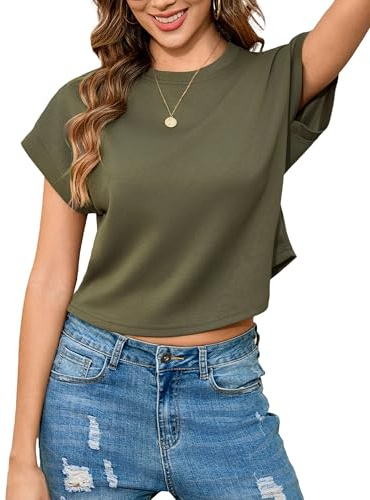 Totatuit Women Boxy Cropped Tees Cute Loose Short Summer Tshirts Short Sleeve Plain Basic Tops Workout Yoga Gym Shirts Army Green Medium