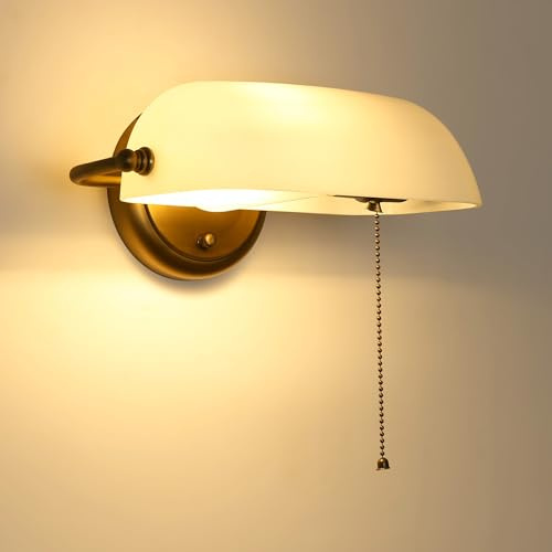 B·LED BARCELONA LED Aplique Pared Dormitorio Estilo Vintage – Lámpara Banquero Blanco Bronce de Vidrio para Escritorio, Interior Clásico, Ideal para Estudio y Escaleras