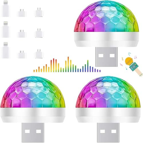 USB Mini Disco Ball Licht,3 Stück DJ Ball USB Party Blitzlicht,RGB Mini Discolicht mit 3 Adapter,Mini Musikgesteuert Partylicht,Mini Discokugel,Stimmungslicht Party Deko für Geburtstagsparty