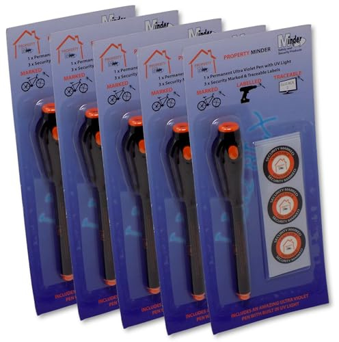 Minder Property Marking Pens - Including 5 x Invisible UV Ink Covert Marker Pens and Warning Stickers (with UV Light)