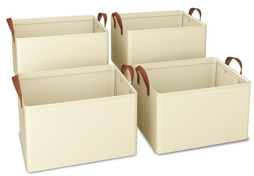 iEGrow Confezione da 4 cubi portaoggetti pieghevoli in tessuto, contenitori con maniglie，Organizzatori per Vestiti e Giocattoli, 35 x 25 x 20 cm, tessuto Oxford, Beige