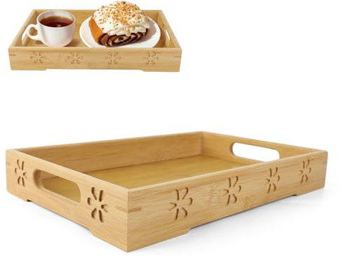 Gsrhzd Tray, 33 * 22 * 5cm Non Slip Mildewproof Bamboo Serving Tray with Handles Carved Pattern for Tea, Snack, Fruit, Breakfast, for Home, Cafes, Eateries etc