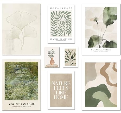 ARTFAVES® Poster Set - BOTANICA VERDE - mehrteilige Wanddeko Wohnzimmer & Schlafzimmer - 8 moderne Wandbilder natur, beige, grün, abstrakt, pflanzen, botanik, van gogh - ohne Bilderrahmen