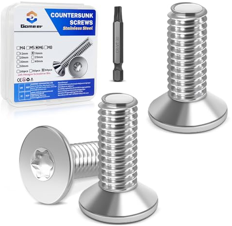 Gomeer 50 Stück M6 x 16 mm Senkkopfschrauben Torx Innensechskant aus A2 V2A Edelstahl Schrauben mit Torx Schlüssel Sechskant Schrauberkopf Norm ISO 14581 / DIN 965,für Maschinen, Möbel,Reparaturen