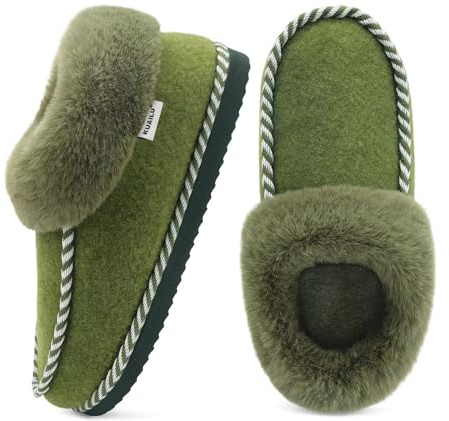 KuaiLu Womens Memory Foam Slippers Ladies Cosy Warm House Shoes Fluffy Plush Fur Lined Winter Comfy Felt Ankle Moccasin Indoor Outdoor Hard Sole Orthotic Arch Support Plantar Fasciitis Green 5