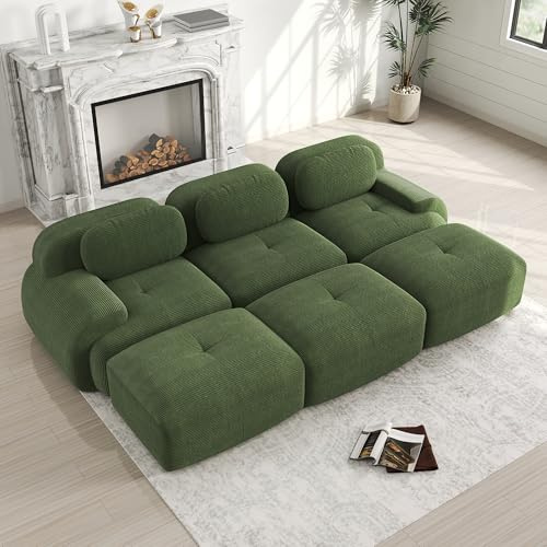 Modulares 3 Sitzer Sofa aus Cordstoff, Boneless Couch mit 3 Ottomane, Ohne Montage mit Rutschfester Unterseite, Compressed Sofa frei Kombinierbar für Wohnzimmer & Ruhezonen, Grün