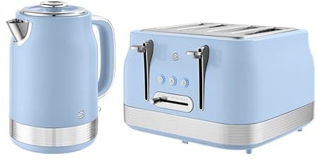 Swan Retro Kitchen Set, 1.7L Rapid Boil Jug Kettle with 360 Degree Base and 4 Slice Toaster with 7 Browning Levels, 1860W, Blue, SK19025BLU & ST19029BLU