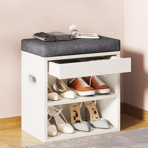 YMYNY kleine Schuhbank mit Sitzfläche und Schublade, Weiß HSC002W | Schuhschrank mit Sitzbank, Schuhregal Klein aus Holz mit Sitzbank & Stauraum für Eingang, Flur, Schlafzimmer