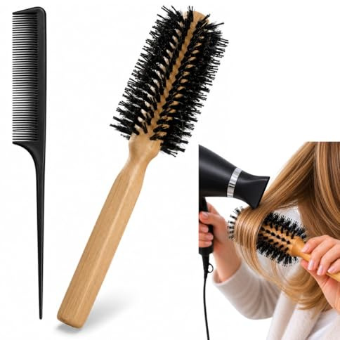 Kit Cepillo Redondo Pelo Profesional Cerdas Jabali + Peine de cola – Peine Redondo, Cepillo Pelo Cerdas Jabali, Cepillo de Madera, Round Brush para secar el pelo, alisar y dar volumen