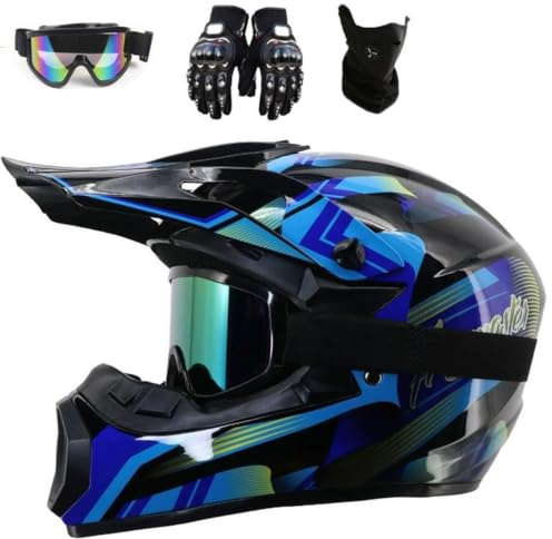 Full Face MTB Motocross Helmet Youth Kids Off Road Racing Dirt Bike Helmet | Downhill Enduro Sports BMX ATV Motorbike Helmet, with Gloves Goggles Mask, DOT Approved