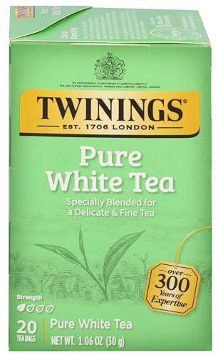 Twinings Sacchetti di tè bianco puro confezionati singolarmente, 20 pezzi (confezione da 1), leggeri e freschi, con caffeina, da gustare caldo o ghiacciato, 20 bustine di tè