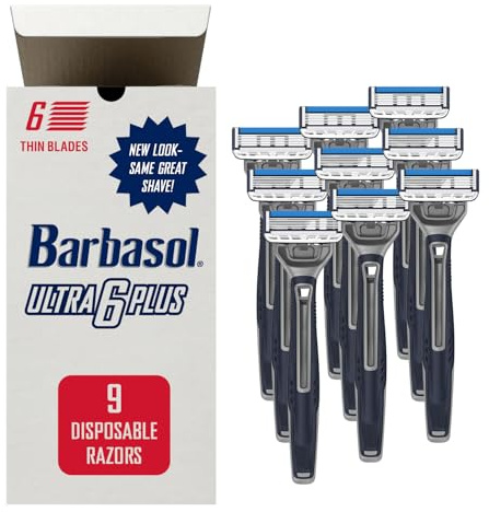 Barbasol Ultra 6 Plus Value Pack | Premium 6-Blade Disposable Razors | Disposable Shaving Razor Bundle | Close Shave Technology, UltraTrimmer 7th Blade, Pivoting Head (3 Packs / 9 Total Razors)