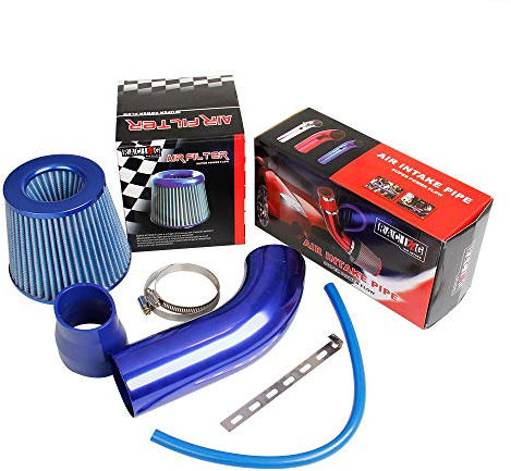 Pindex Kit Admission Direct Filtre a Air Sport Voiture Filtre D'admission D'air Froid Tuyau Diamètre 76mm Système D'admission D'air en Fibre de avec Tuyau - Bleu