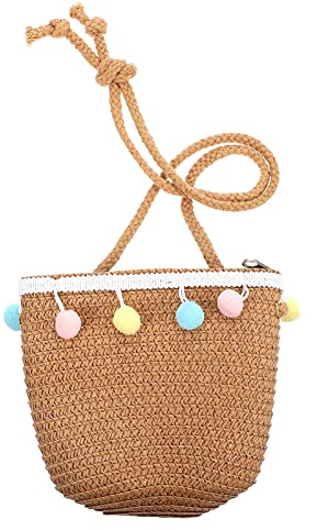 Lurrose Kinder Geflochtene Strohtasche Sommer Strandtasche Leichte Basttasche Mit Pompon Für Mädchen Reisen Und Alltag