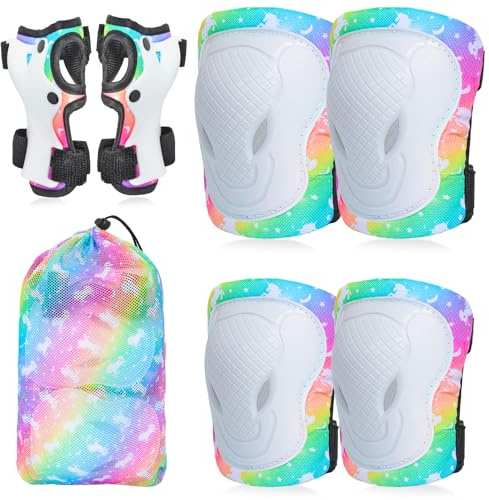 AuSletie 7 in 1 Kids Protective Gear Set for 3-8 Years, Kids Girls Knee Pads and Elbow Pads with Wrist Guards and Adjustable Strap for Skateboard, Roller Skating,Bicycle, Scooter, Cycling(Mermaid)