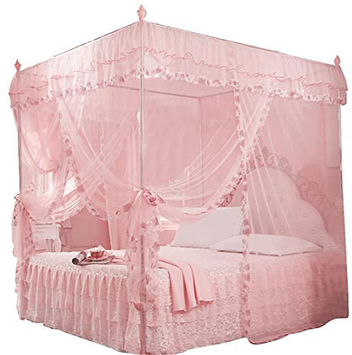 Zerodis 4 Corners Post Canopy Bed Curtain Mosquito Net for Girls & Adults, Luxurious Princess Bedroom Decoration Accessories, 3 Side Opening(150 * 200 * 200-pink)